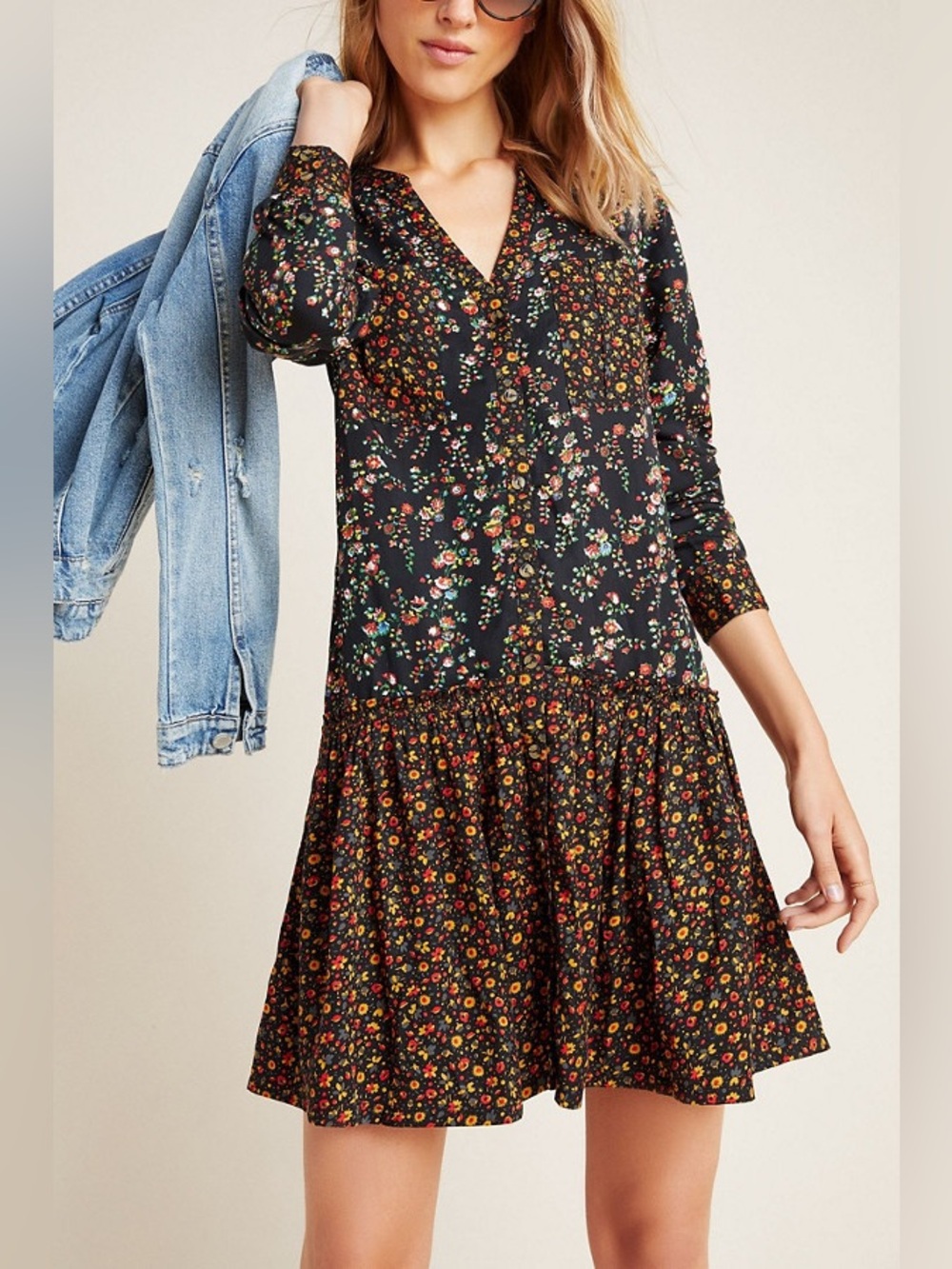 Maeve Black Mini Dress with Multicolor Floral Print